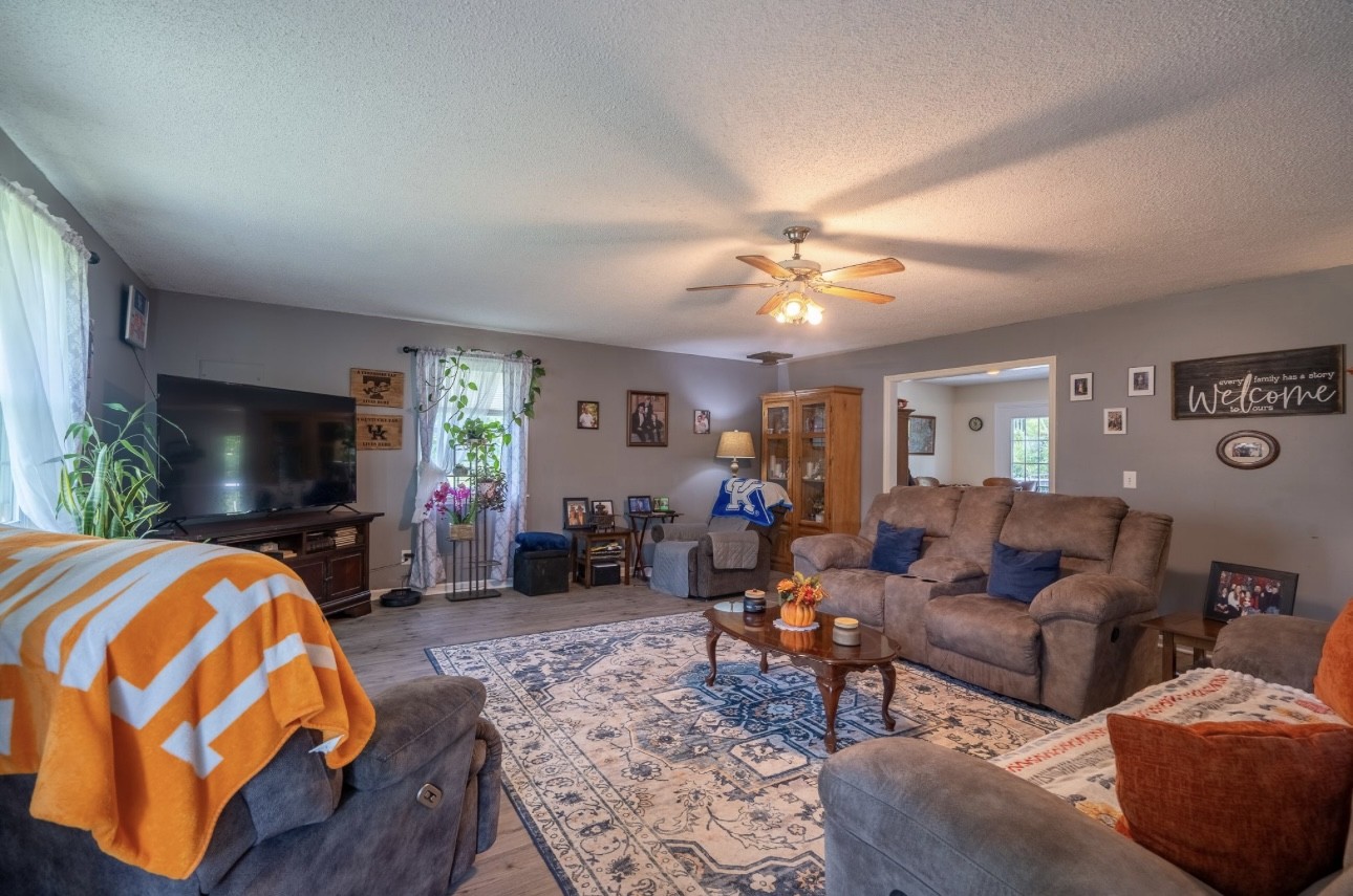 652 Old Florence Pulaski Road Leoma, TN 38468 - Photo 9 of 35 a living room with furniture a flat screen tv and a chandelier