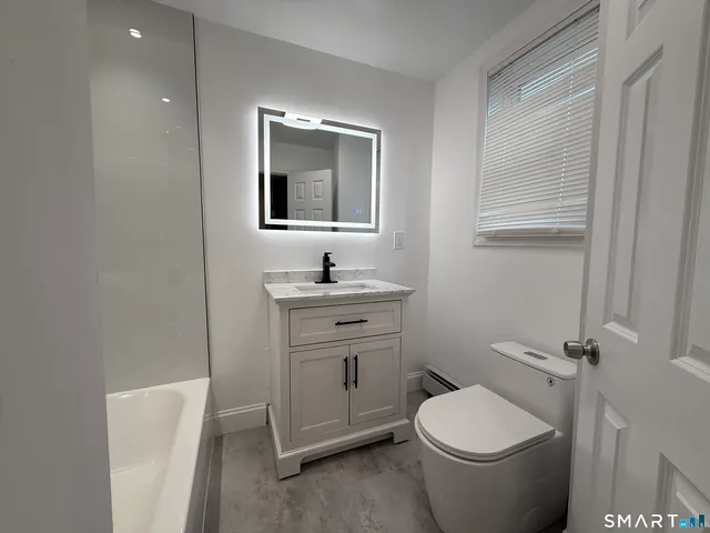 a bathroom with a toilet a sink a mirror and vanity