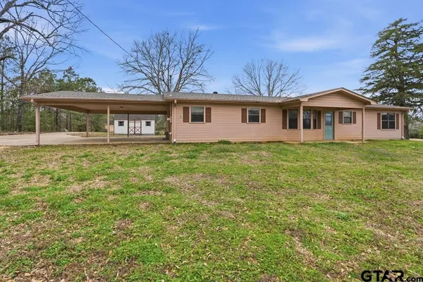 a view of a dry yard with trees