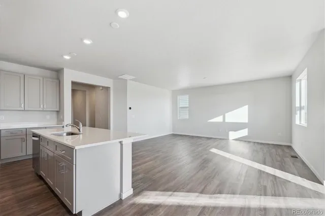 a view of a kitchen with a sink and dishwasher with wooden floor