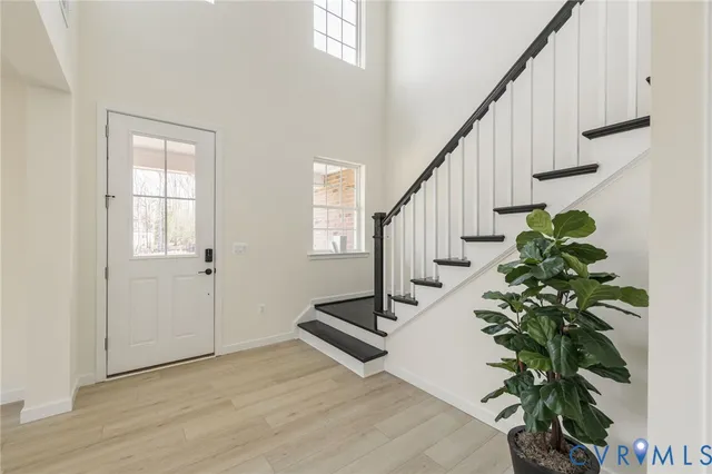 a living room with wooden floor and a potted plant