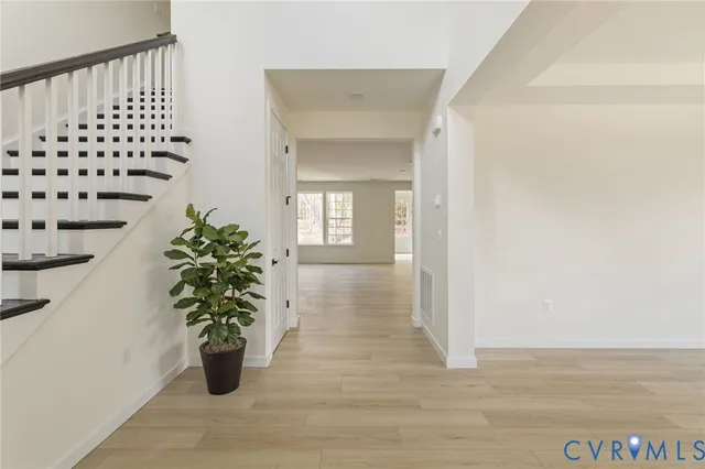 a view of a hallway with wooden floor and a potted plant