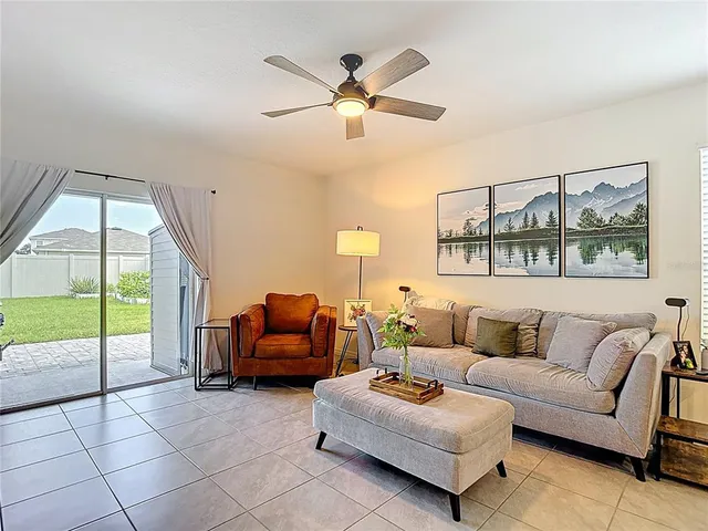 a living room with furniture and a floor to ceiling window
