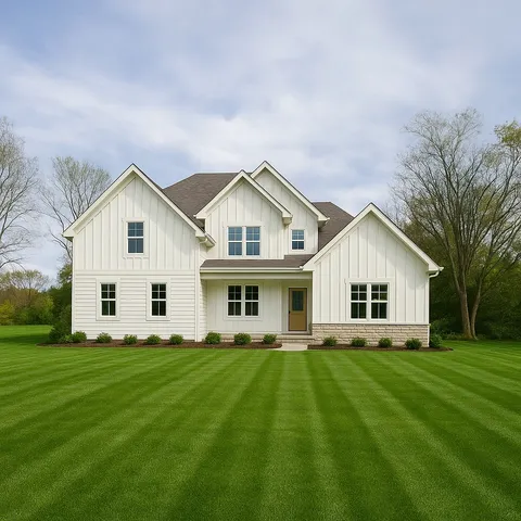 a front view of house with yard and green space
