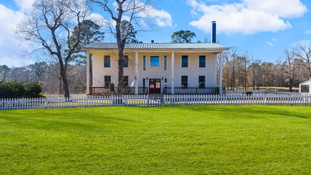 a view of a park with large trees