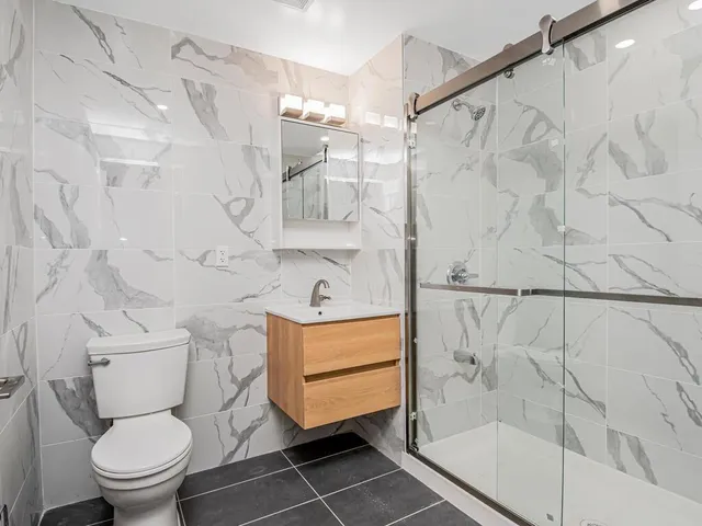a bathroom with a toilet and a shower