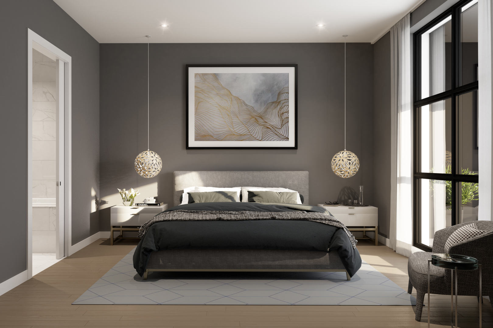 6 North Carpenter Street, Unit PHA Chicago, IL 60607 - Photo 4 of 8 a bedroom with a bed and wooden floor