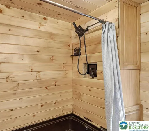 a bathroom with a shower and a sink