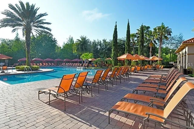 an outdoor space with seating