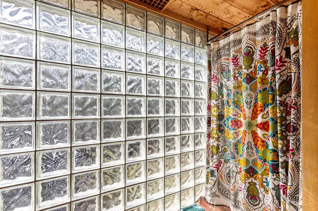 a bathroom with a shower curtain and a window