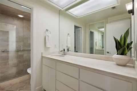 a bathroom with a granite countertop sink a large mirror and a shower