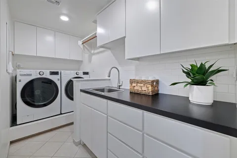 a kitchen with a potted plant on the counter and cabinets