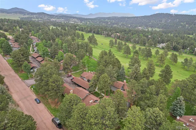 an aerial view of residential houses with outdoor space and mountain view