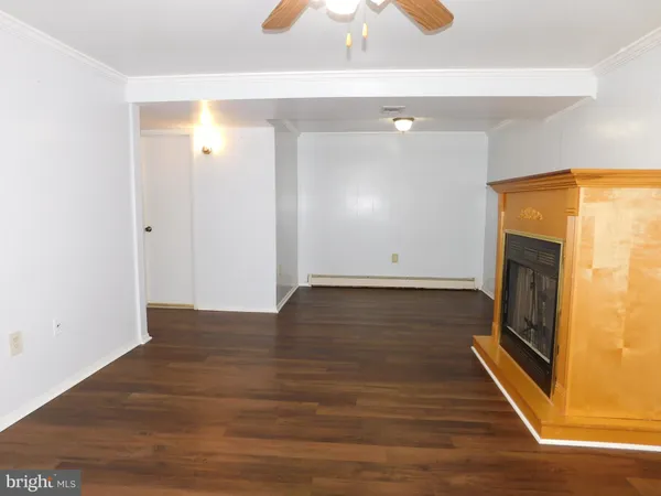 a view of empty room with wooden floor and fireplace