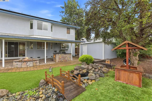 a view of a house with a swimming pool and a yard