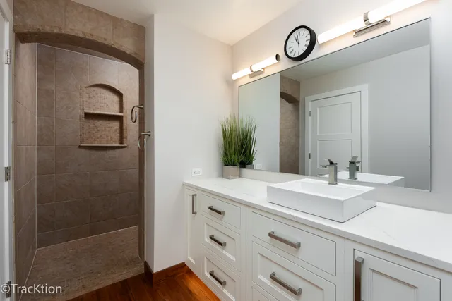 a bathroom with a sink a mirror and a shower