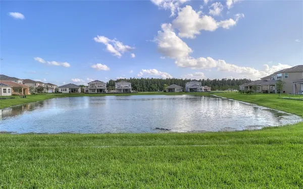 a view of a lake with houses in the background