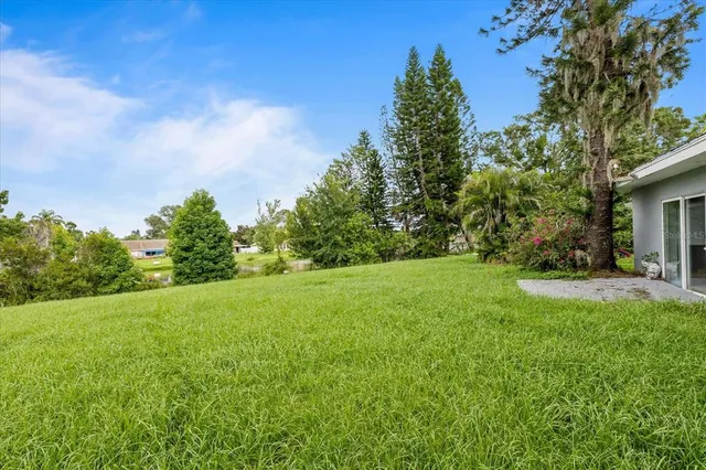a view of a field of grass and trees