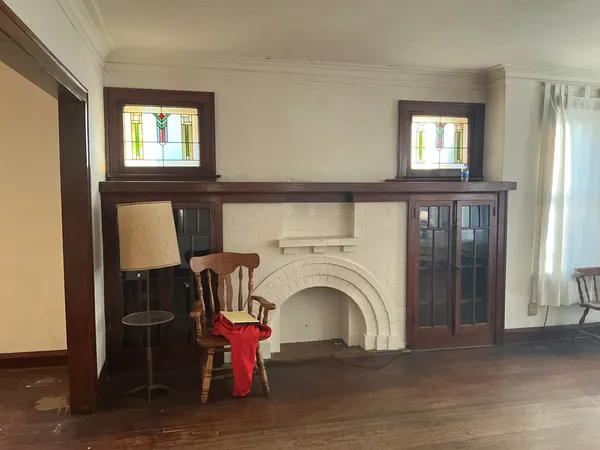 a view of a window of fire place