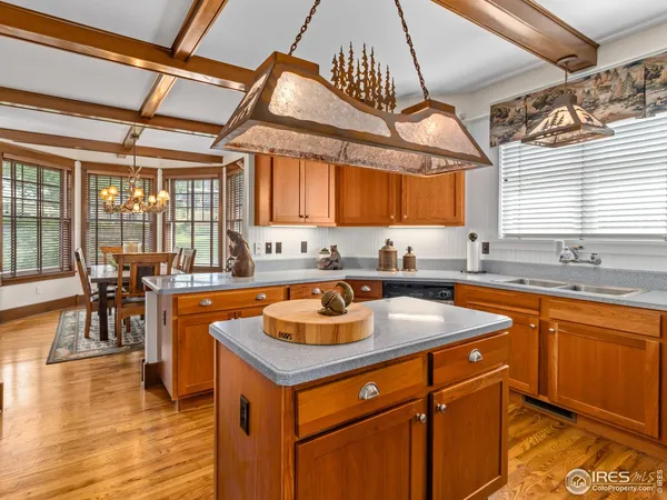 a kitchen with a sink a counter top space and appliances