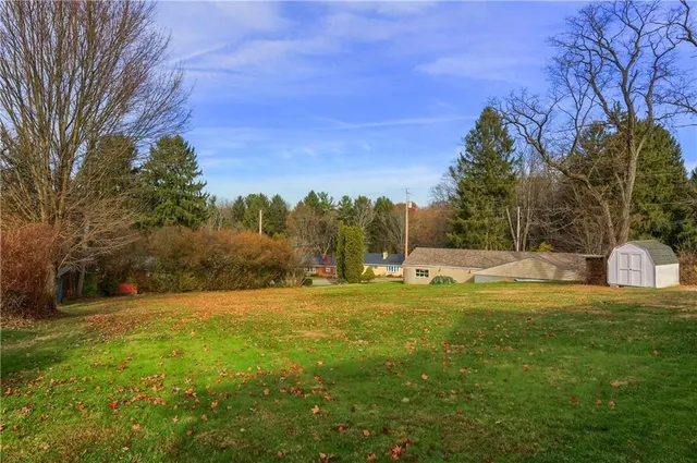 a view of a wooden house with a small yard and large tree