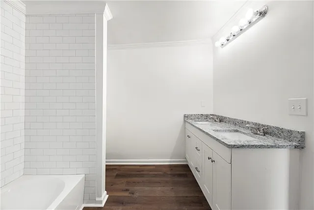 a bathroom with a granite countertop sink and a bathtub