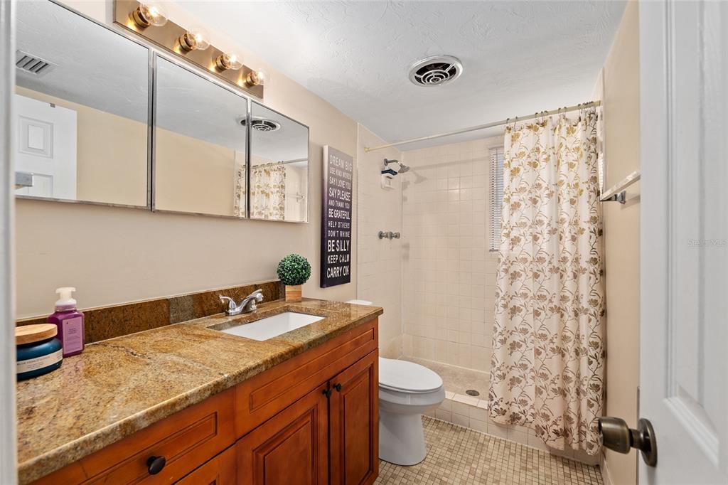 401 Northwest 39th Road, Unit 401C Gainesville, FL 32607 - Photo 29 of 62 a bathroom with a granite countertop sink a toilet and shower