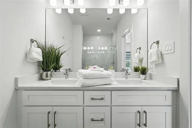 a bathroom with a sink a potted plant and a mirror