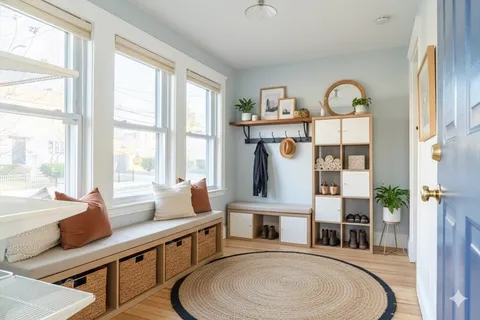 a living room with furniture fireplace and a large window