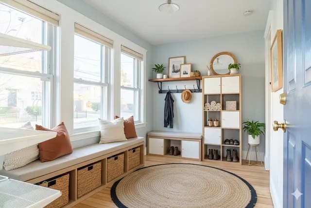 a living room with furniture fireplace and a large window