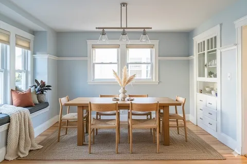 a dining room with furniture a chandelier and wooden floor