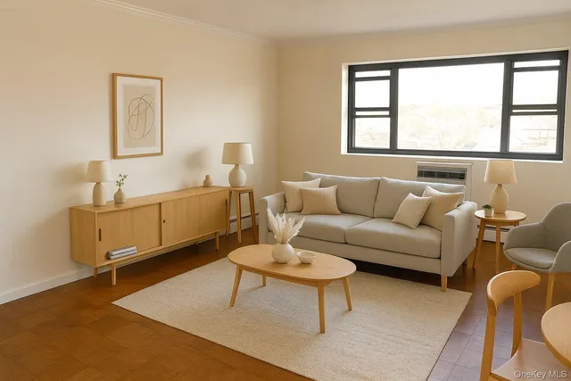 a living room with furniture a rug and a large window