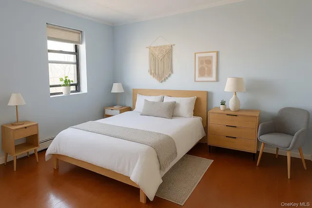 a bedroom with a bed and chair