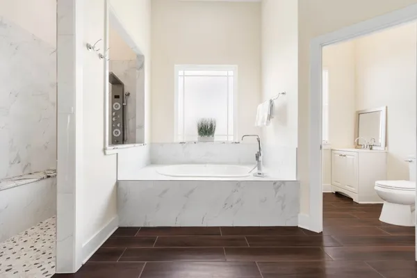 a bathroom with a bathtub and a toilet