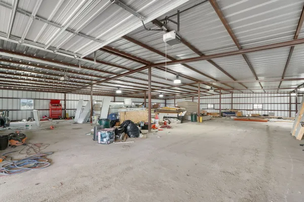 a view of a garage with storage