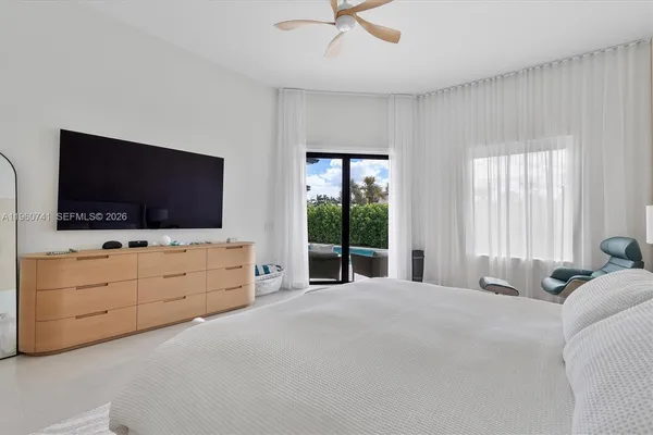 a bedroom with a bed and a flat tv screen on dresser