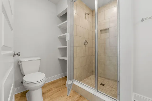a bathroom with a shower and toilet