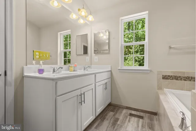 a bathroom with a sink a vanity and a bathtub