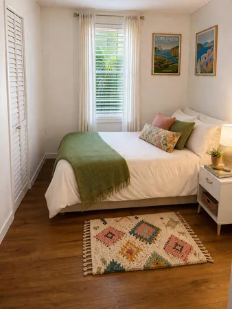 a bedroom with a bed dresser and window