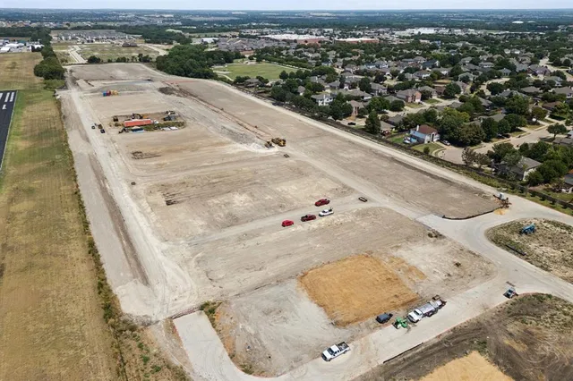 an aerial view of a swimming pool