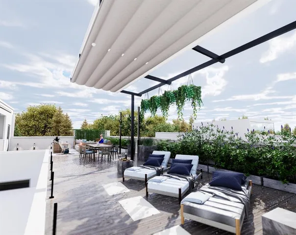 a building outdoor space with patio furniture