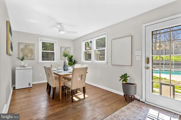 a view of a dining room with furniture window and wooden floor
