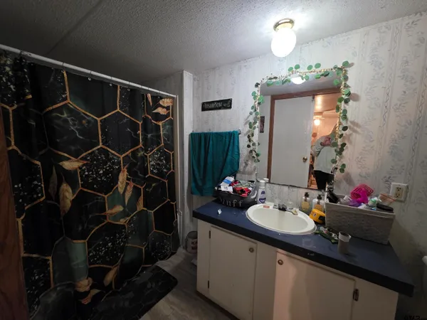 a bathroom with a sink vanity and a mirror