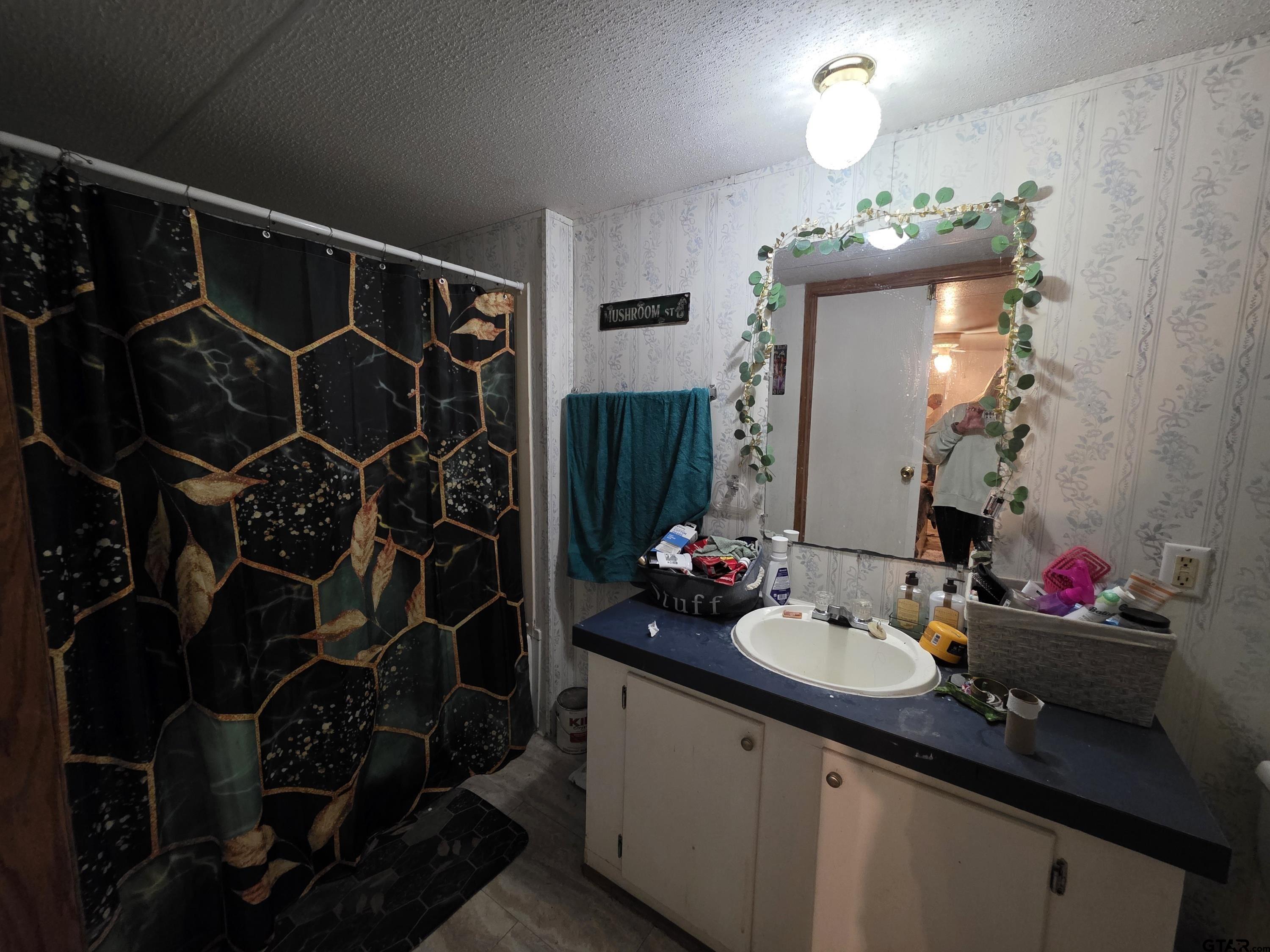 304 Walnut Street Naples, TX 75568 - Photo 14 of 28 a bathroom with a sink vanity and a mirror