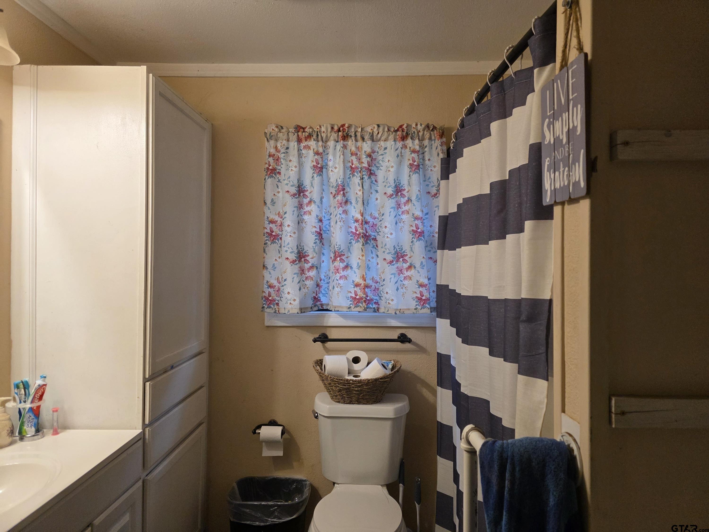 304 Walnut Street Naples, TX 75568 - Photo 28 of 28 a bathroom with a toilet a sink and a shower curtain