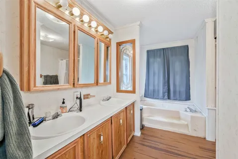 a bathroom with a double vanity sink and a mirror