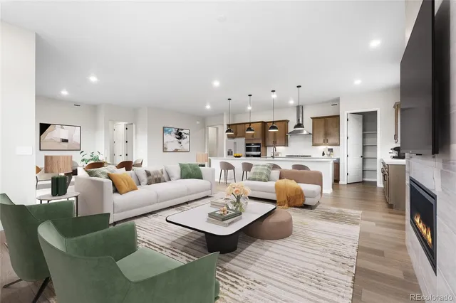 a living room with furniture and kitchen view