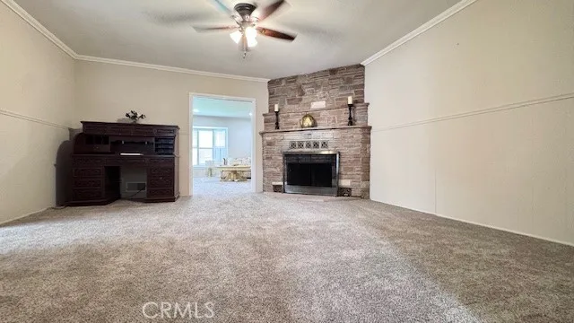 a big room with closet and a fireplace