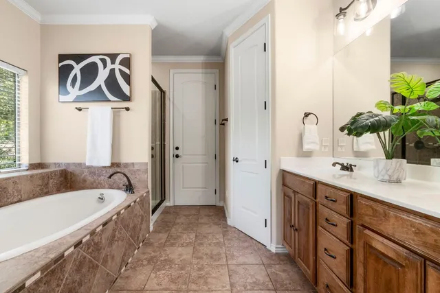 a bathroom with a tub sink and mirror