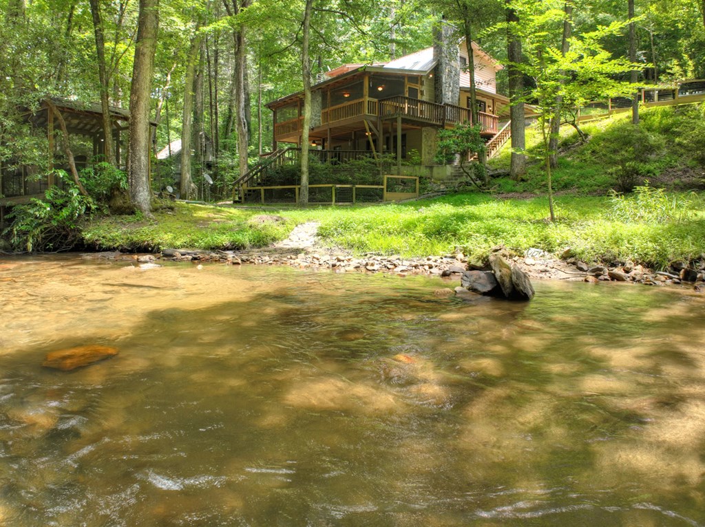 100 Stanley Creek Road Cherry Log, GA 30522 - Photo 64 of 81 a backyard of a house with lots of green space and fountain